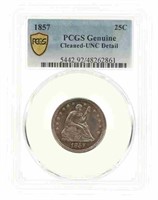 1857 US SEATED 25C SILVER COIN PCGS CLEANED UNC DE