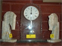 11" Glass Clock & Pair of 8" Marble Horse Bookends