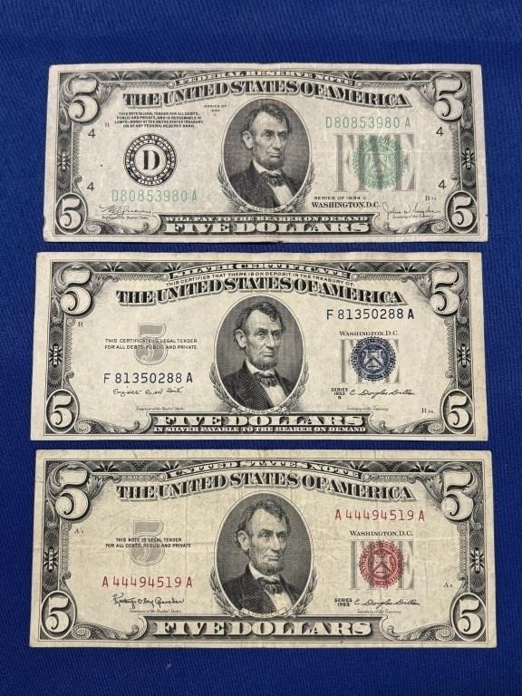 COLLECTION $5 RED SEAL, BLUE SEAL, & 1934 GREEN