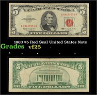 1963 $5 Red Seal United States Note Grades vf+