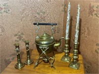 Brass Candlesticks, Teapot & Candles