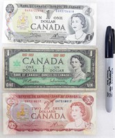 3 billets du CANADA dont 2$ 1974 + 2x 1$ 1967-1973