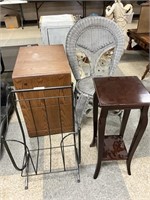 Wood filing cabinet, wicker chair, plant stand