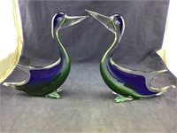 Pair Of Murano Green, Blue, And Clear Large Loons