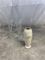 Etched champagne glasses, set of four and Lenox
