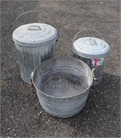 18" Galvanized Wash Tub + 2 Small Garbage Cans