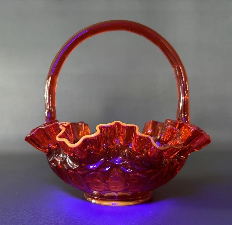 Fenton Amberina Glass Ruffled Thumbprint Basket