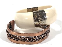 2 Vtg Bangle Cuff Bracelets Bone or Ivory Copper