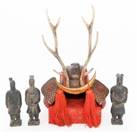 JAPANESE SAMURAI HELMET & TERRACOTTA MINI STATUES