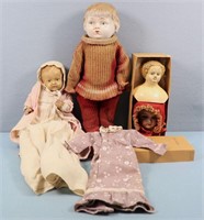 (2) Antique Composition Dolls + 2 Doll Heads