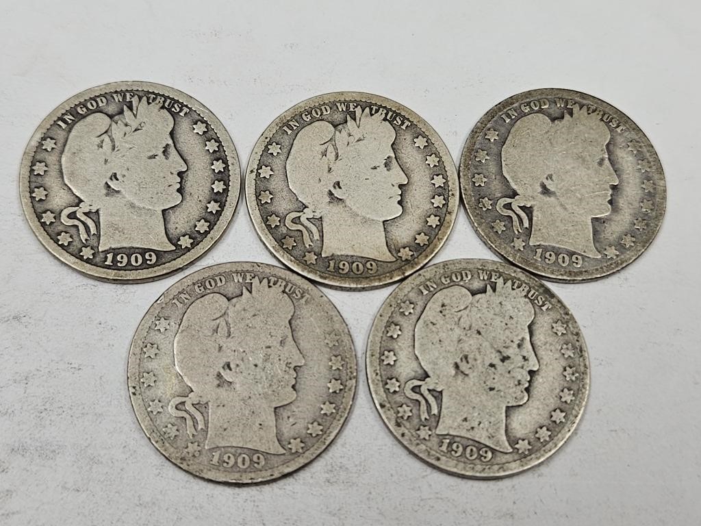 1909 Silver Barber Quarter 5 Coins