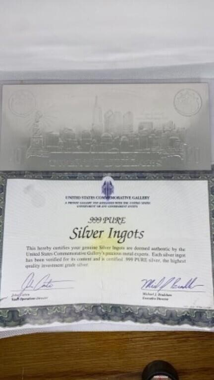 .999 pure Silver Ingots $20 9/11 coin certificate