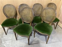 6 CANE BACK DINING CHAIRS W/GREEN VELVET UPHOLSTRY