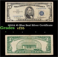 1953A $5 Blue Seal Silver Certificate Grades vf++