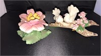 2- Capodimonte porcelain roses & birds on a tree