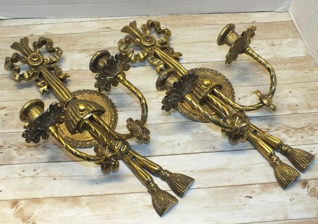 PAIR/SOLID BRASS ANTIQUE WALL CANDLE SCONCES