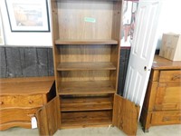 BOOK CASE WITH 3 SHELVES,, DOUBLE DOORS ON BOTTOM