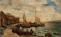 Antique Unsigned Harbor Scene Painting.