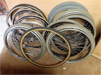 Wheelchair rims and tires; 8 rims and 5 new tires