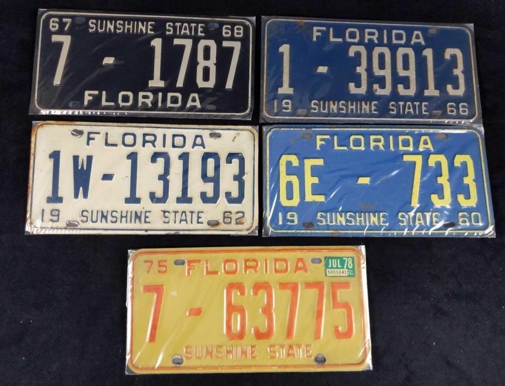 Five Vintage Florida License Plate 50 to 70 B