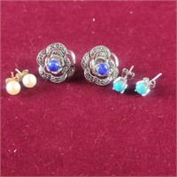 3 pairs of Solitaire Earrings, Turquoise, Lapis