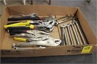 Box of Assorted Wrenches, Vice Grips, & Ratchet
