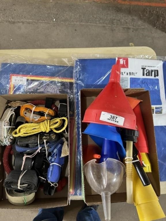 misc. funnels, tie straps, and 2 tarps