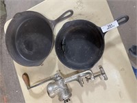 2 Wagneware cast iron pans and grinder