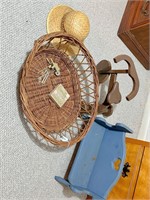 basket, straw hats, wooden bench tricycle