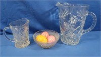 Glass Pitchers, Stone Eggs, Glass Bowl
