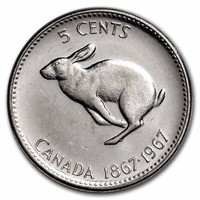 1967 Canada Nickel 5 Cents Rabbit Bu/prooflike