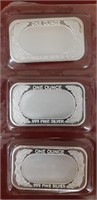 3 One OZ Silver Bars with Design - NO TAX
