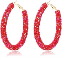 Gold-pl. Red Glitter Sequins Hoop Earrings