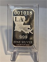 .999 Silver Bar " Louisiana" weighs 1/2 oz