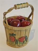 VTG WOODEN APPLE BASKET WITH HANDLE AND CERAMIC