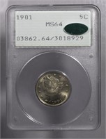 1901-P V Nickel PCGS MS64 Rattler w/ Green CAC
