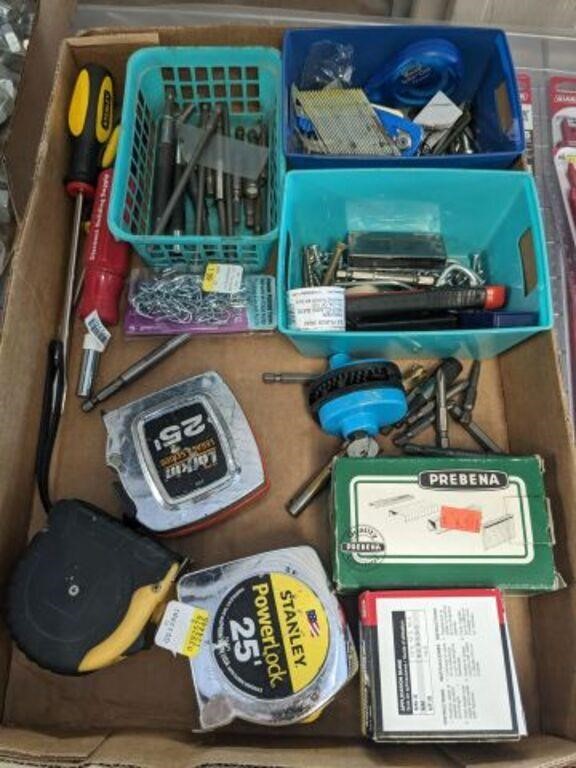TAPE MEASURES, BITS, ASSORTED TOOLS