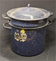 Vintage Blue Speckled Graniteware Straining Pot