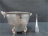 SILVER COLOURED  BOWL & GOOSE FIGURE (SIGNED)
