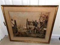 C. 1900 Signed Ink & Watercolor French Scene