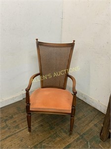 ORANGE WOOD AND WICKER BACK CHAIR