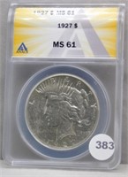 1927 ANACS Peace Silver Dollar MS61.