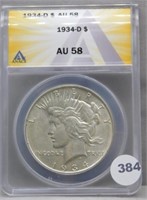 1934-D ANACS Peace Silver Dollar AU58.
