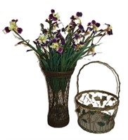 silk flower in metal wire vase & a wire basket