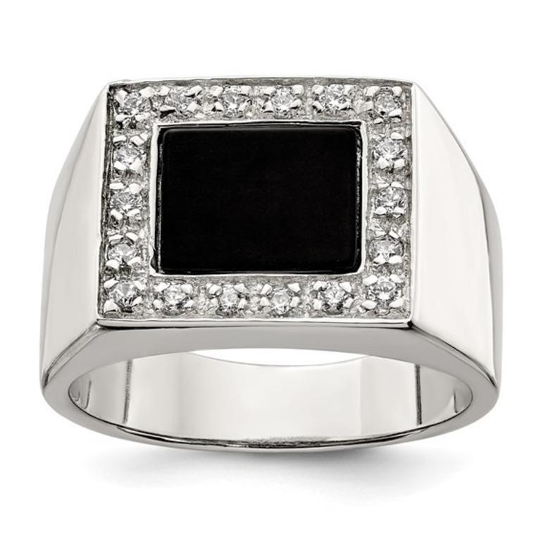 Sterling Silver Men's Crystal and Onyx Ring