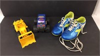 Soccer shoes boys size 3. Toy truck. Toy loader.