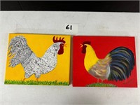 2 Folk Art Chicken Paintings 8" x 10"