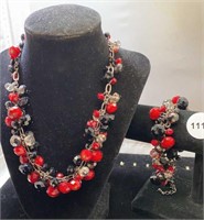 2pc Crystal Black/Red/Silver Necklace Bracelet Set