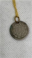 1865 3-cent piece on gold tone chain