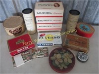 7 Cigar Boxes, Charles Cookies Tin, JFK Postcards,